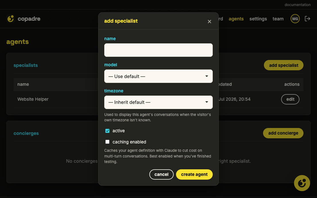 Adding an agent in copadre: name, Claude model picker, time zone and prompt-caching options