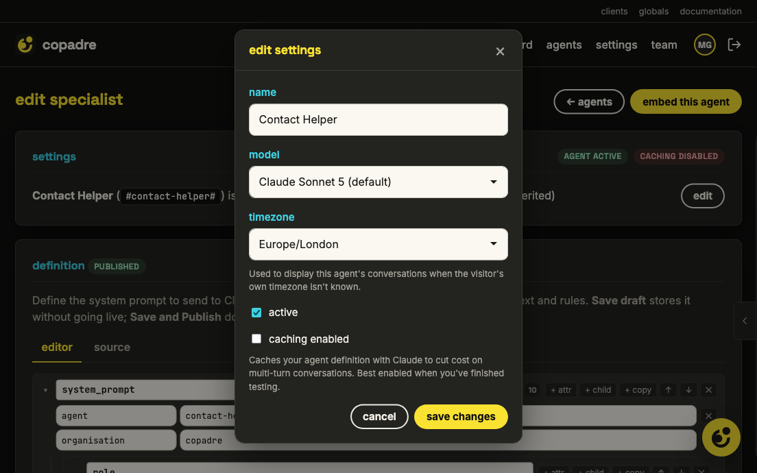 Editing an agent's settings in copadre: name, Claude model, time zone and caching options, with the definition editor behind