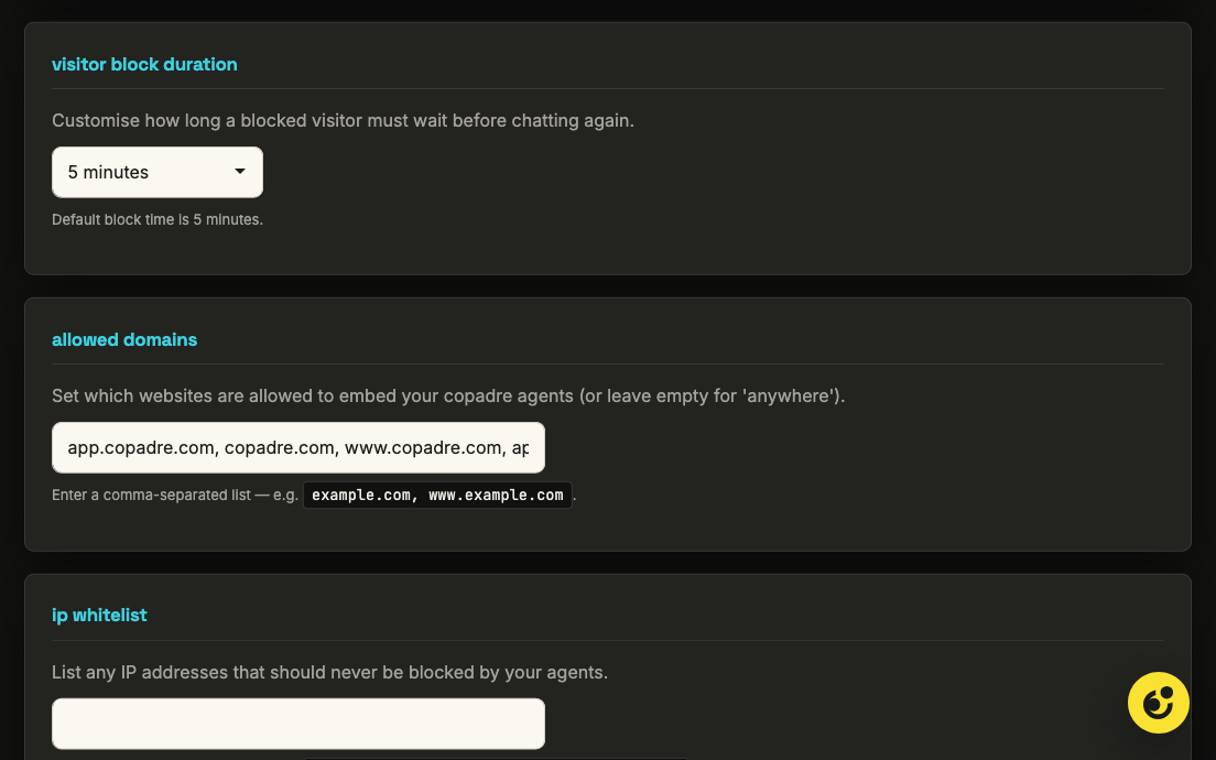 copadre's protection settings: visitor block duration, allowed domains and IP whitelist